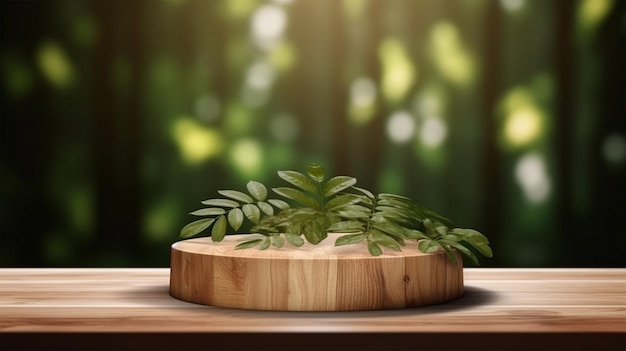 Houten productvertoning podium met vervaagde natuur bladeren achtergrond voetstuk showcase productpresentatie make-up huidverzorging 3D rendering Generative Ai