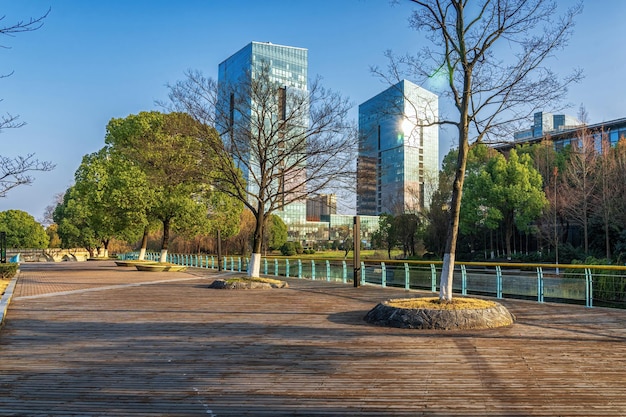 Houten promenade die leidt naar de moderne stedelijke skyline