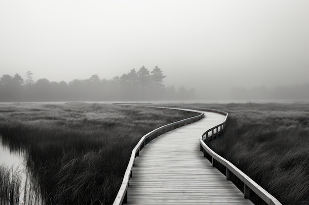 Houten promenade in het moeras met mist op de achtergrond