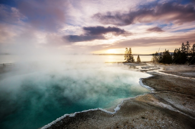 Houten promenade langs geiser velden in Yellowstone National Park, Verenigde Staten