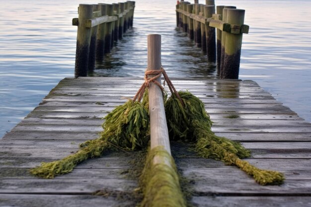 Foto houten roeispanen verstrengeld met zeewier op een pier