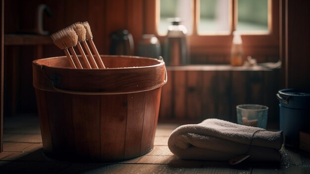 Houten sauna emmer met houten lepels handdoek en pollepel generatief ai