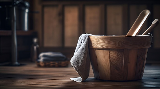 Houten sauna emmer met houten lepels handdoek en pollepel generatief ai