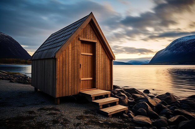 Foto houten sauna op een strand bij een meer in een rustige omgeving