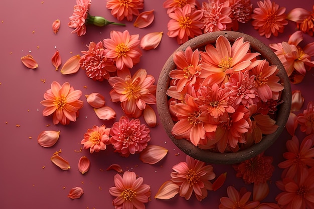 Houten schaal gevuld met roze bloemen op tafel Generatieve AI