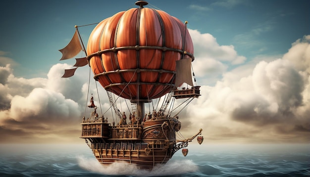 Foto houten schip dat door de wolken vliegt met zeilen opgeblazen als een luchtballon