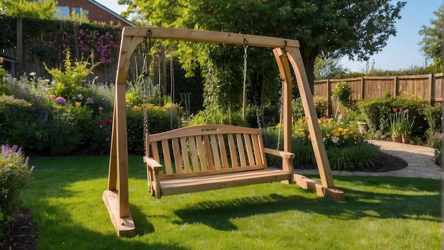 Houten schommel in een weelderige tuin