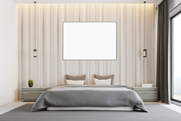 Houten slaapkamerinterieur met een tapijt op de vloer, een grijze sprei op een hoofdbed, twee nachtkastjes en een poster. 3D-rendering mock-up
