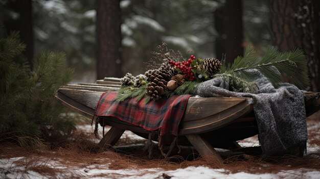Houten slee met rustieke charme en geruite deken, groenblijvende takken, dennenappels en vers gevallen sneeuw