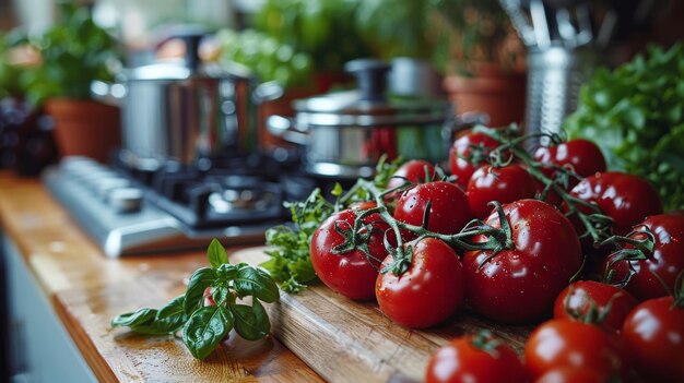 Foto houten snijplank bedekt met verse tomaten generatieve ai