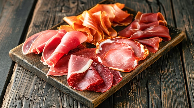 Houten snijplank met plakjes van Jamon Ham Farm Productie