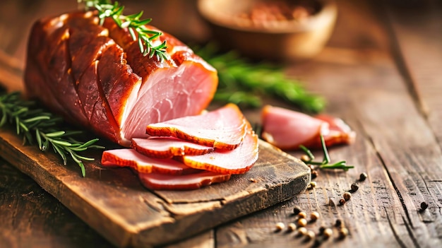 Houten snijplank vol met op de boerderij geproduceerde ham Een heerlijke tentoonstelling van vakkundig gekookt vlees