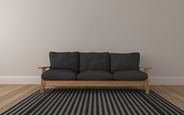 Houten sofa realistisch mockup van 3d teruggegeven van binnenland van moderne woonkamer