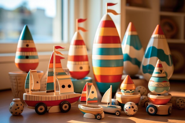 Foto houten speelgoed in maritiem thema in de kinderkamer