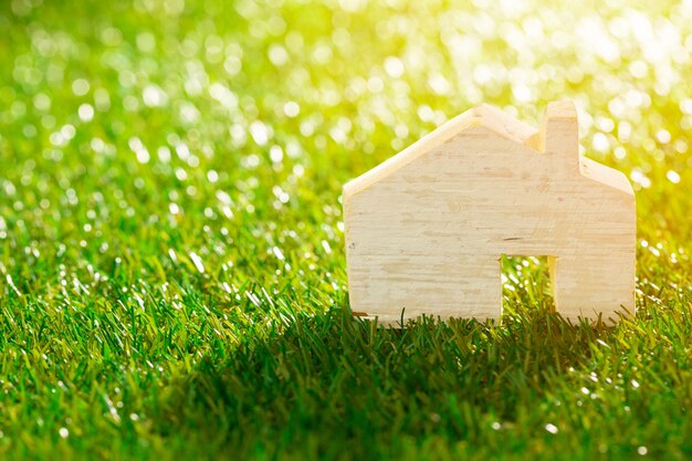 Houten speelgoedhuisminiatuur op gras