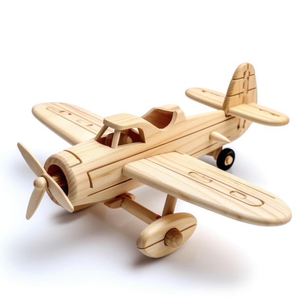 Houten speelvoertuig vliegtuig boot helikopter houten speelgoed geïsoleerd op een witte achtergrond