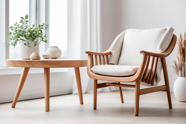 Foto houten stoel in het interieur van een witte woonkamer met een lege tafel voor een mock-up