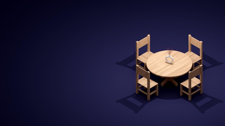 Houten stoelen en tafel op blauwe achtergrond met kopieerruimte