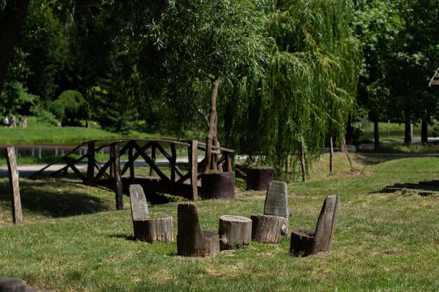 Houten stoelen op een open plek in het park