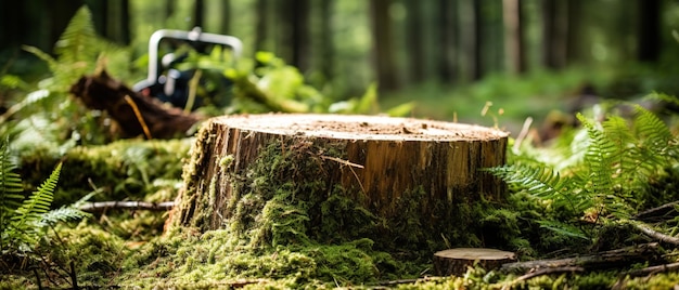 Houten stomp gesneden zag in het bos met groen mos en varens