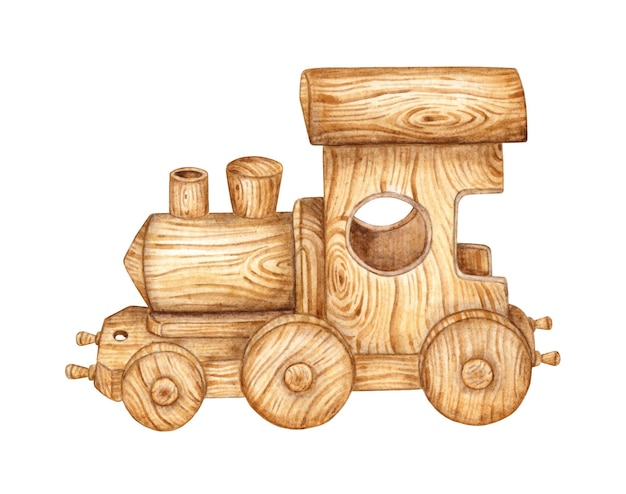 Foto houten stoomlocomotief aquarel