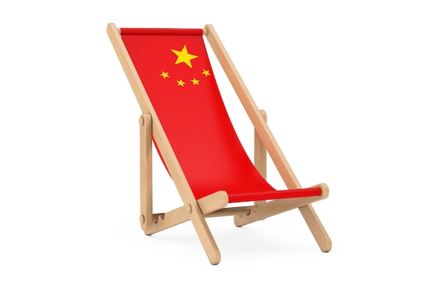 Houten strandstoel met China vlag ontwerp op een witte achtergrond. 3D-rendering