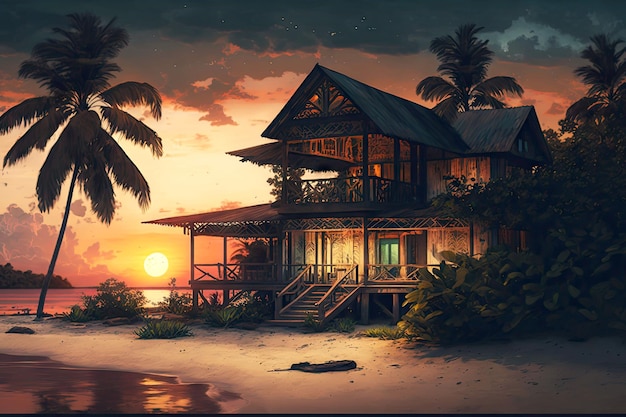 Houten strandvilla onder palmbomen naast zee tijdens zonsondergang generatieve ai