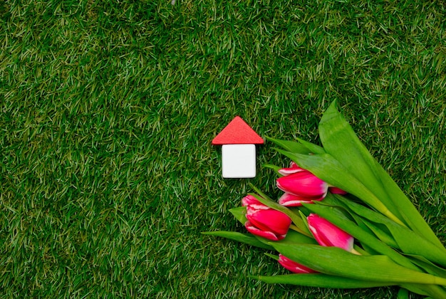 Houten stuk speelgoed huis en tulpen op groen gras