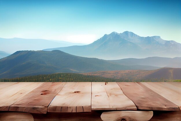 Houten tafel achtergrond met landschap van bergen en wildlifegenerative ai