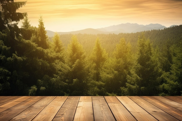 Houten tafel achtergrond met landschap van bos houten tafel hout bos landschap natuur boom achtergrond lege licht hemel zon zomer ontwerp vloer Generatieve AI beeld weber