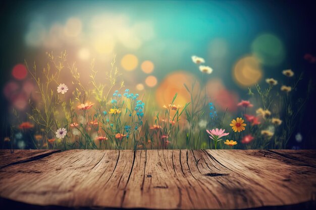 Foto houten tafel achtergrond op een wazige weide met wilde bloemen generatieve ai aig15