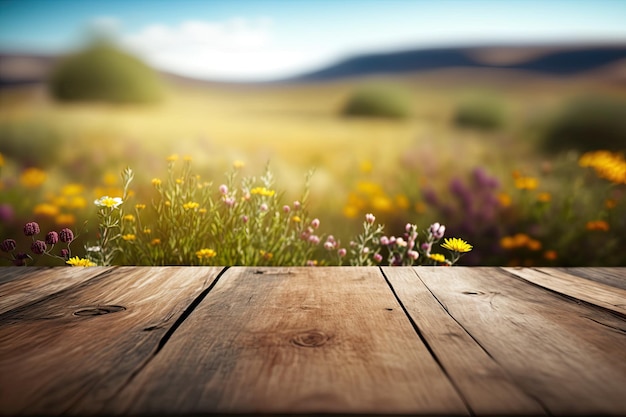 Houten tafel achtergrond op een wazige zonnebloemenweide Generatieve AI AIG15