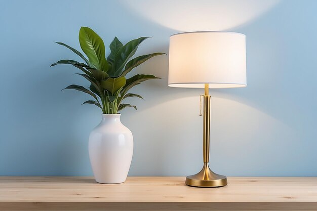 Foto houten tafel blauwe witte achtergrond vaas van plant en witte lamp concept