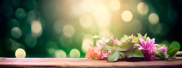 Houten tafel en bloemen in het park Generatieve AI