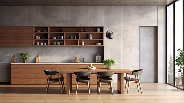 houten tafel en moderne woonkamer met witte keuken 3 d rendering