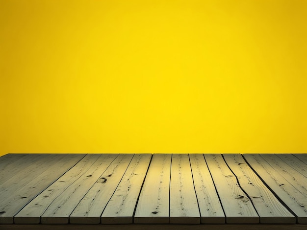 Foto houten tafel en onscherpte tropische gele kleur achtergrond productweergave montage hoge kwaliteit foto