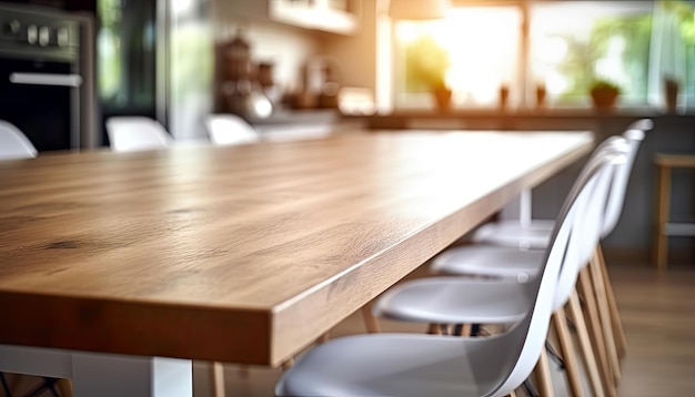 Houten tafel en stoelen in moderne eetkamer met onscherpe achtergrond Foto van hoge kwaliteit