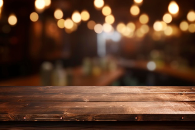 Houten tafel en strandcafés achtergrond vervagen met bokeh lichten voor productweergave