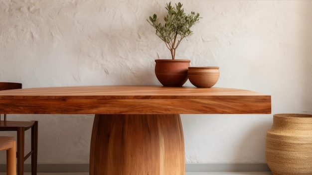 Houten tafel en vaas met plant in het moderne interieur van de woonkamer