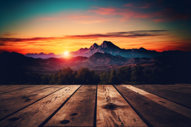 Houten tafel en vervaging van schoonheid, avondrood en bergen als achtergrond