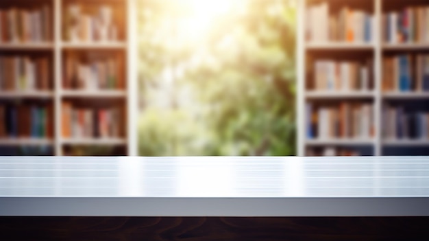 Houten tafel en wazige boekenplank in bibliotheekruimte onderwijs terug naar school Generatieve AI