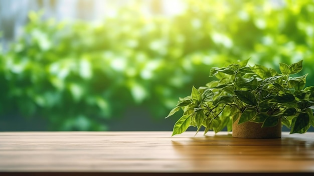 Houten tafel groene muur achtergrond met zonlicht venster creëren bladschaduw op muur met vervaging indoor groene plant voorgrond Generatieve Ai