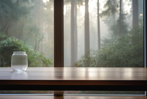 Houten tafel in de kamer bij het raam voor uw productweergave