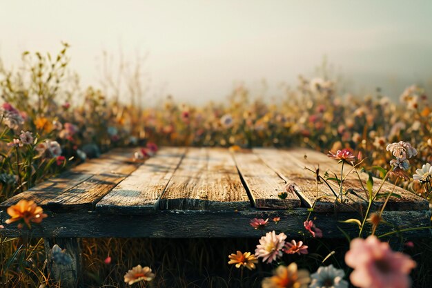 Houten tafel in een veld van bloemen Mooie natuur achtergrond