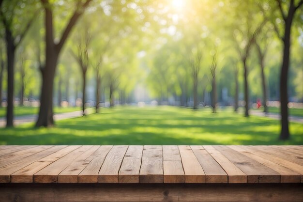 Houten tafel in het tuinpark, wazig achtergrond in het stadspark