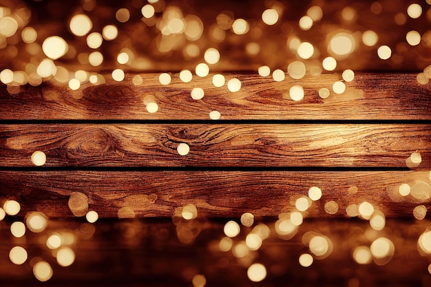 Foto houten tafel met abstracte kerstvakantie feestelijk bokeh licht op boom wazig achtergrond voor montage product display