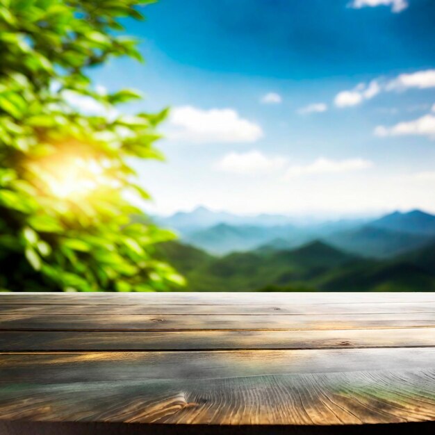 Foto houten tafel met achtergrond met uitzicht op de bergen