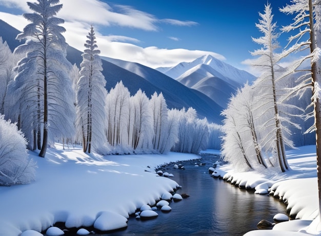 Foto houten tafel met achtergrond van een winterlandschap en kopieerruimte