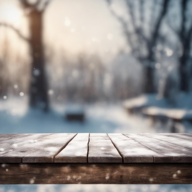 Houten tafel met achtergrond Winterseizoen