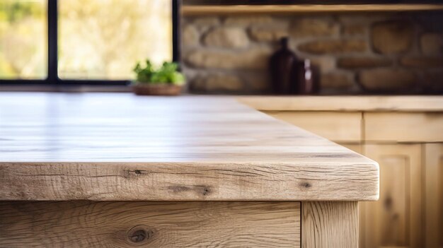 Houten tafel met bloemgevulde vaas Interieur van een moderne keuken gemaakt van massief hout